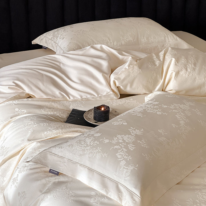 Silky Jacquard Damask Duvet Cover Set with Floral Weave and Hidden Closure