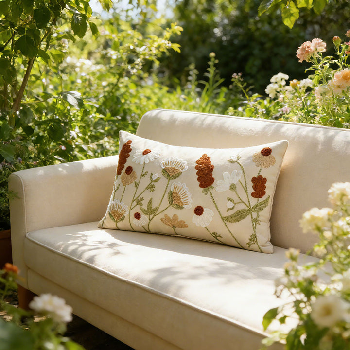 Hand-Embroidered Meadow Motif Linen-Blend Lumbar Cushion Cover