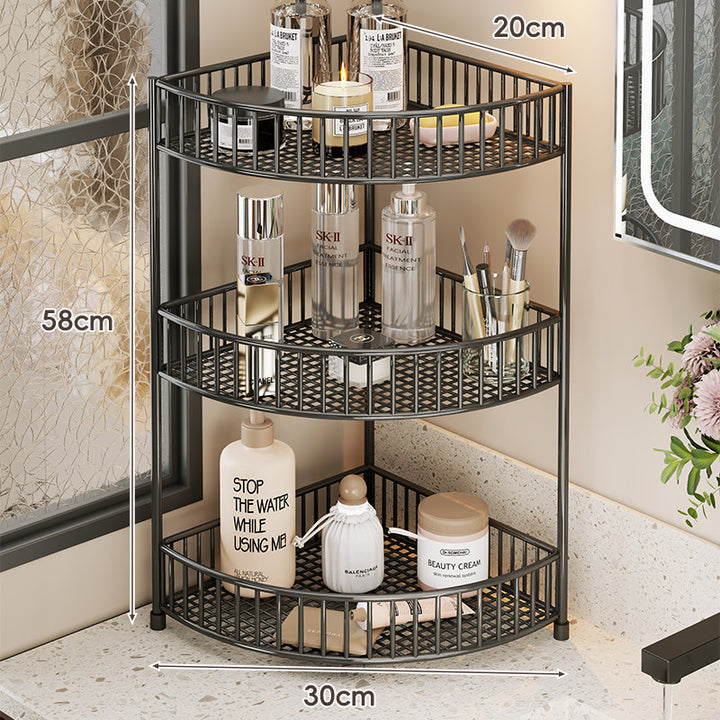 Corner Space-Saving Three-Tier Ventilated Mesh Storage Rack for Bathroom and Vanity