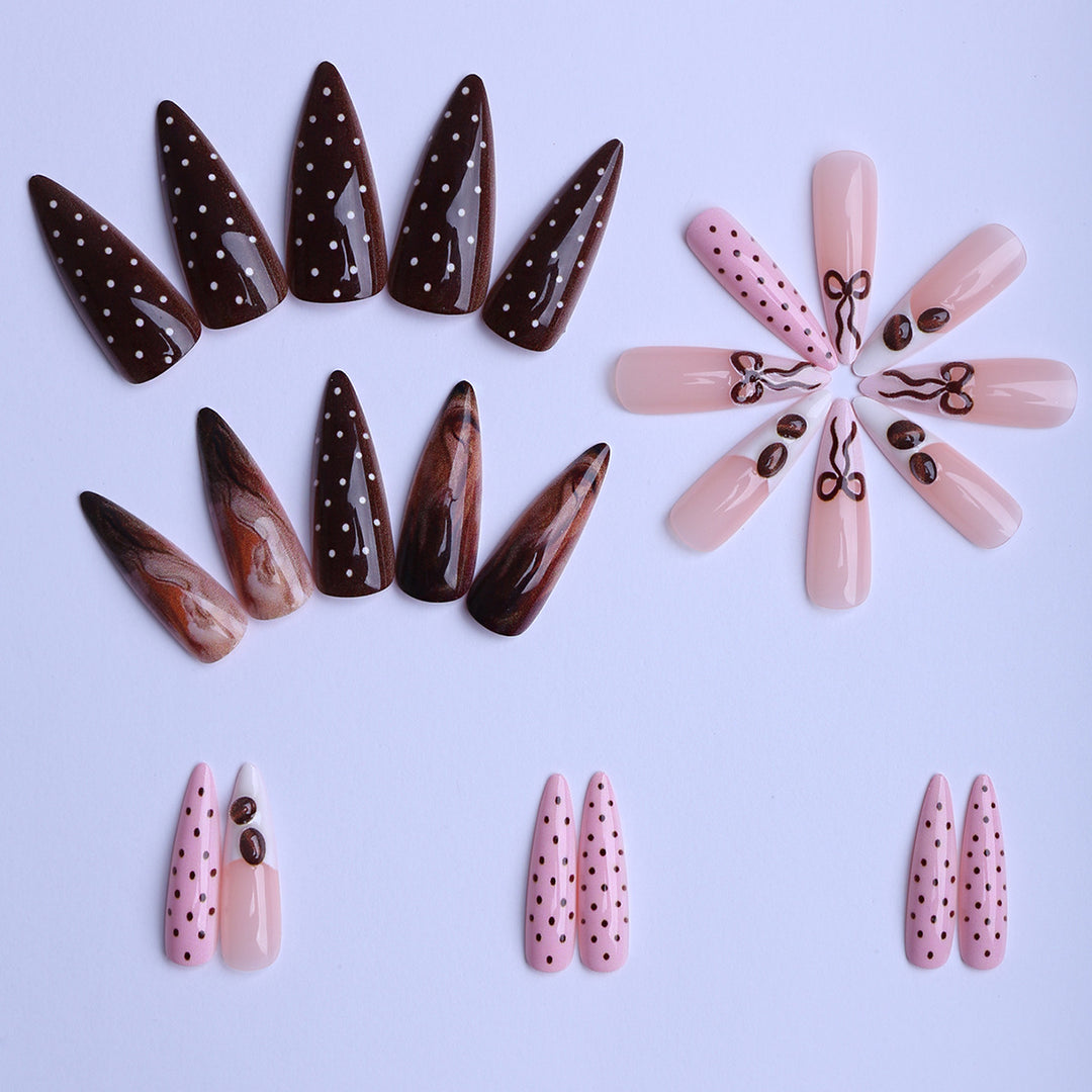 Elegant artificial nails with chocolate motifs and 3D elements Stornfield