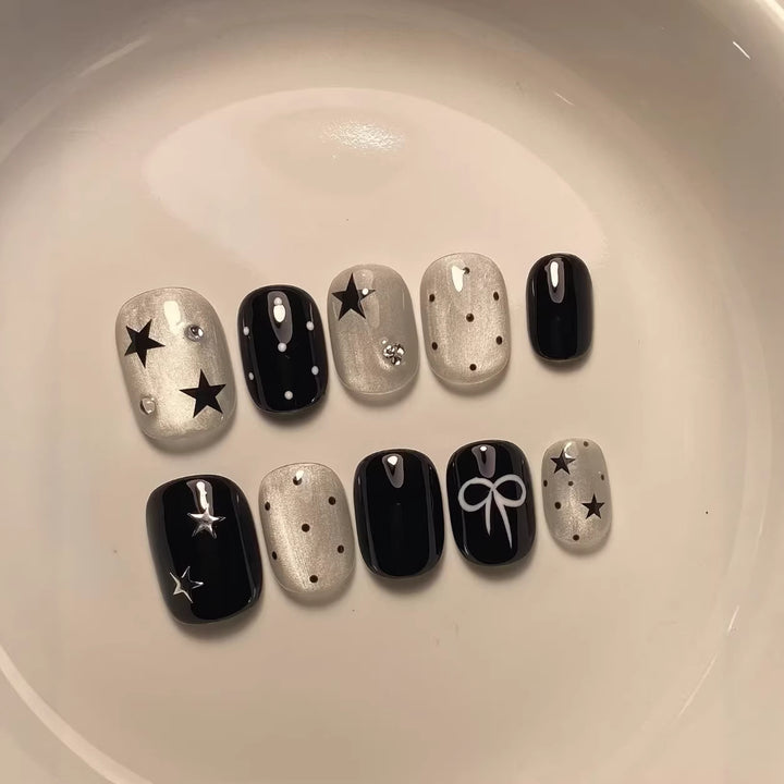 Decorative Press-On Nail Art Set with Star and Bow Designs