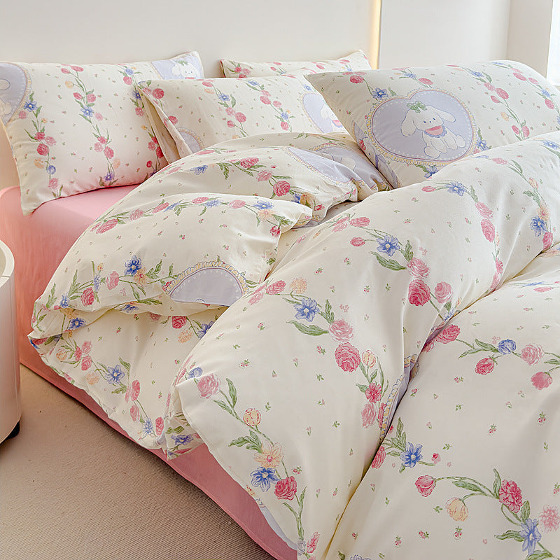Rose-Print Cotton Sateen Duvet Cover Ensemble with Hypoallergenic Down-Alternative Comforter