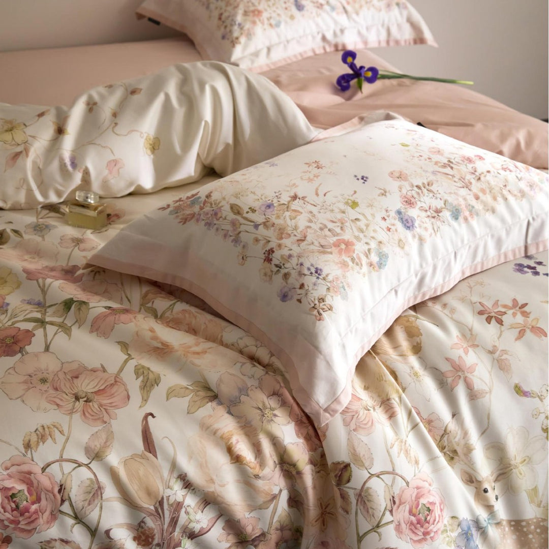 Luxurious satin bedding set with floral and berry design
