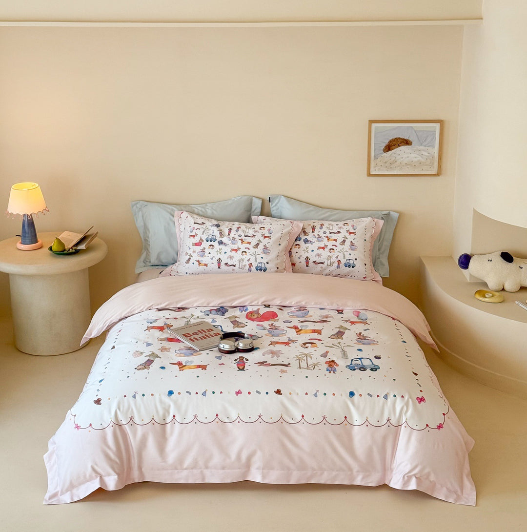 Reversible Cotton Sateen Duvet Cover Set with Romantic Watercolor Village Floral Print and Oxford Pillow Shams