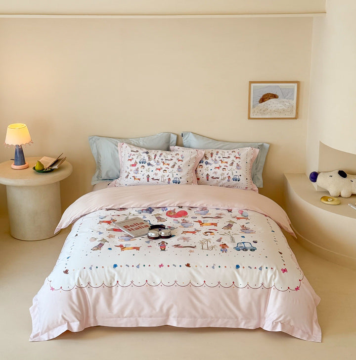 Reversible Cotton Sateen Duvet Cover Set with Romantic Watercolor Village Floral Print and Oxford Pillow Shams