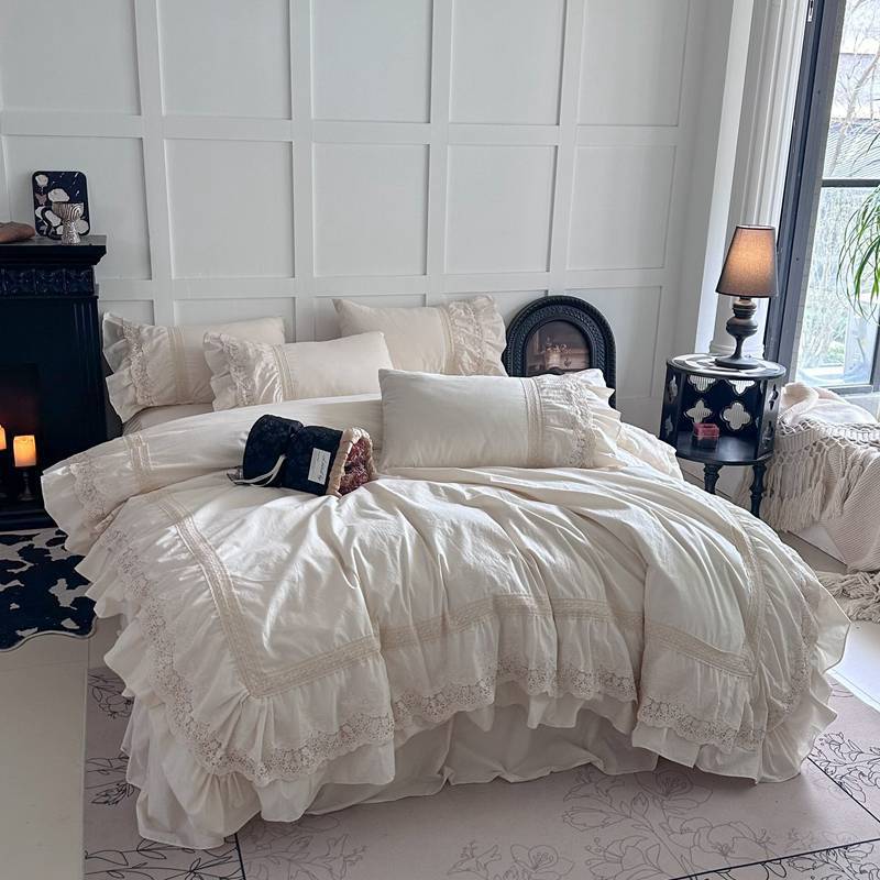 Vintage Lace Ruffled Cotton Duvet Cover Bedding Set