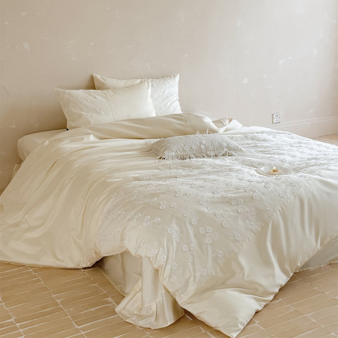 Embroidered Floral Cotton Sateen Duvet Cover Set with Feather-Trim Accent