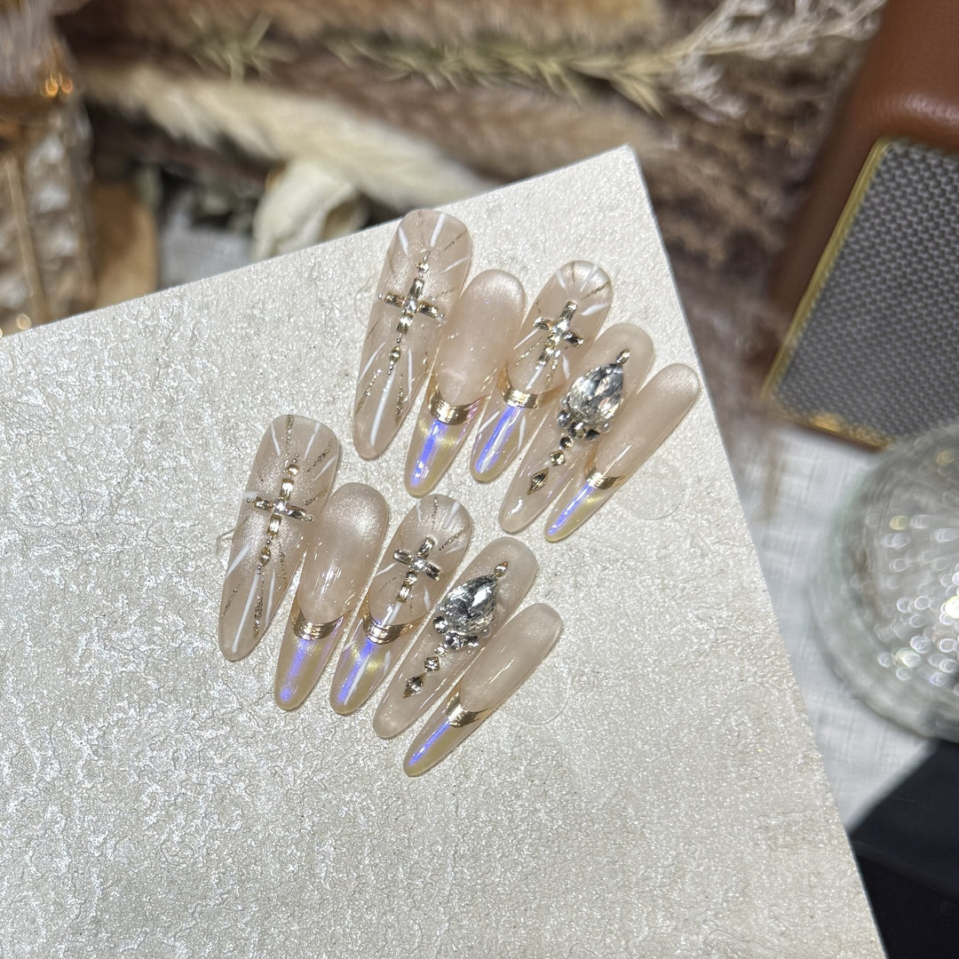 Premium Stiletto Press-On Nail Art Set with Gemstone Accents Stornfield