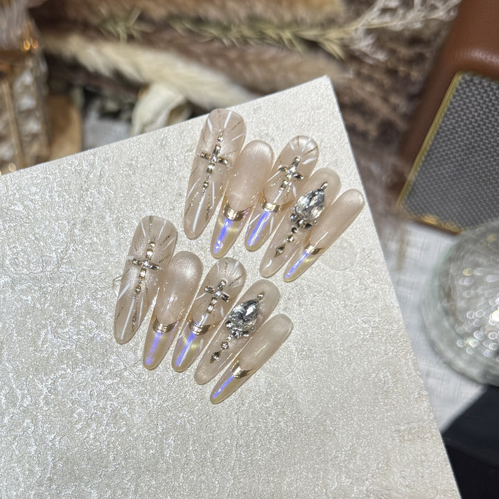 Premium Stiletto Press-On Nail Art Set with Gemstone Accents Stornfield