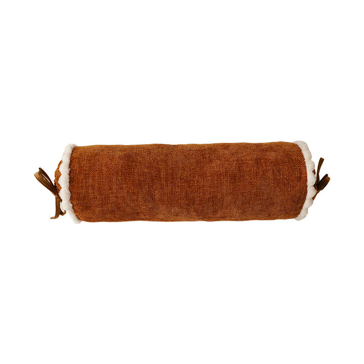 Cylindrical lumbar and neck pillow with velvety chenille surface and crocheted trim Stornfield