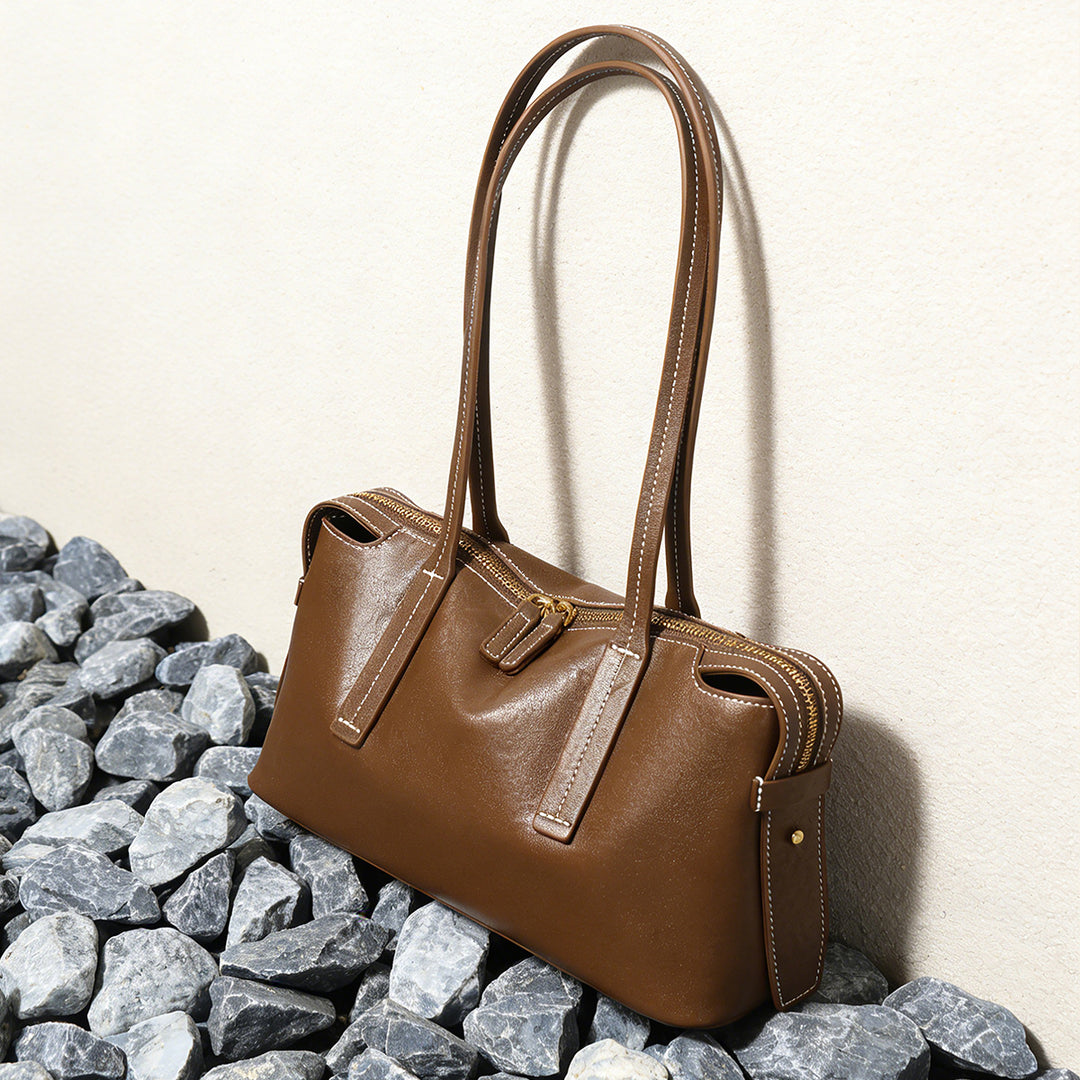 Structured Rectangular Shoulder Tote with Long Double Handles and Top Zip