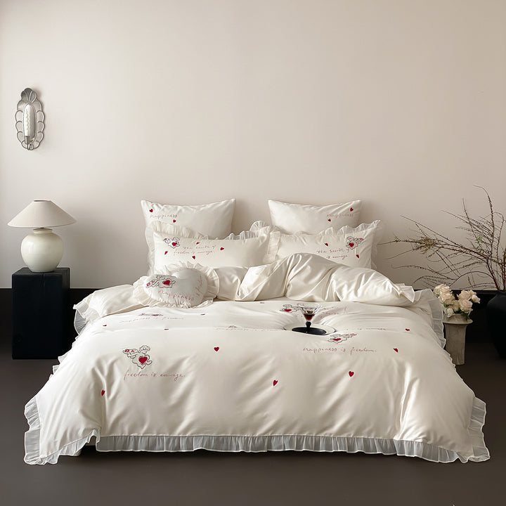 Ruffled Heart-Embroidered Cotton-Sateen Duvet Cover Set with Decorative Heart Cushion