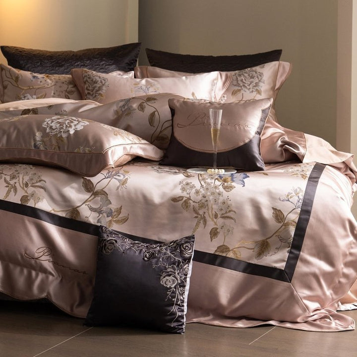 Silky Floral Embroidered Satin Duvet Cover Bedding Set with Scalloped Hem & Pillow Shams