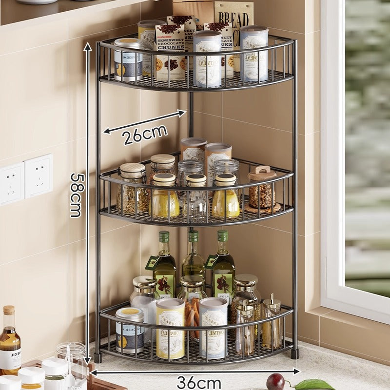 Three-Tier Rounded Corner Kitchen Storage Rack with Raised Rails and Mesh Shelves