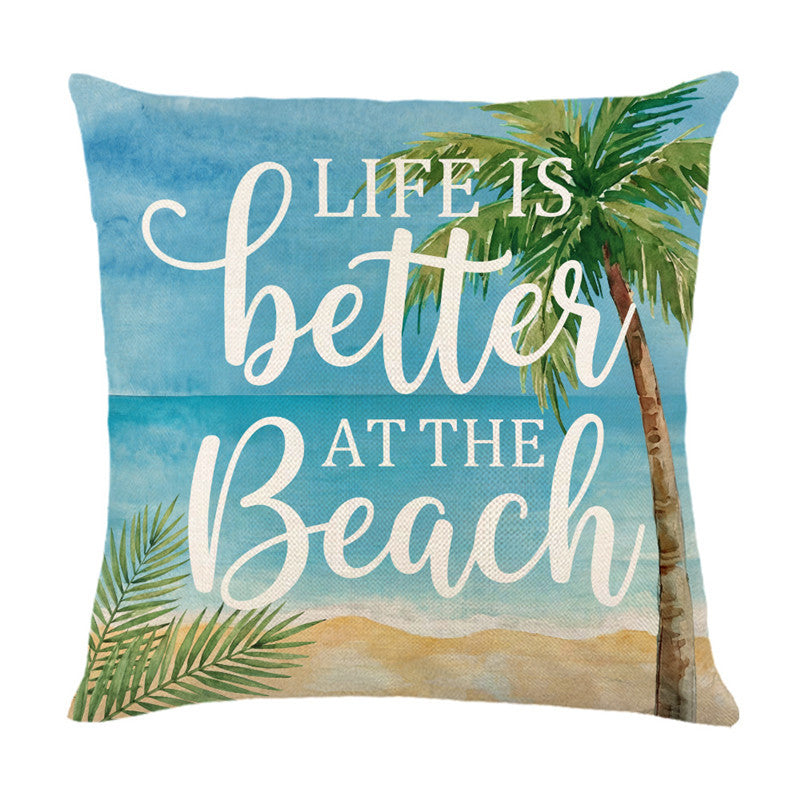 Scenic Watercolor Beach Bicycle Linen Pillow Cover with Basket & Sandcastle Illustration