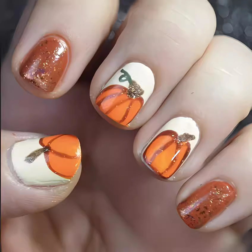 Festive Pumpkin-Themed Press-On Nail Art Stornfield