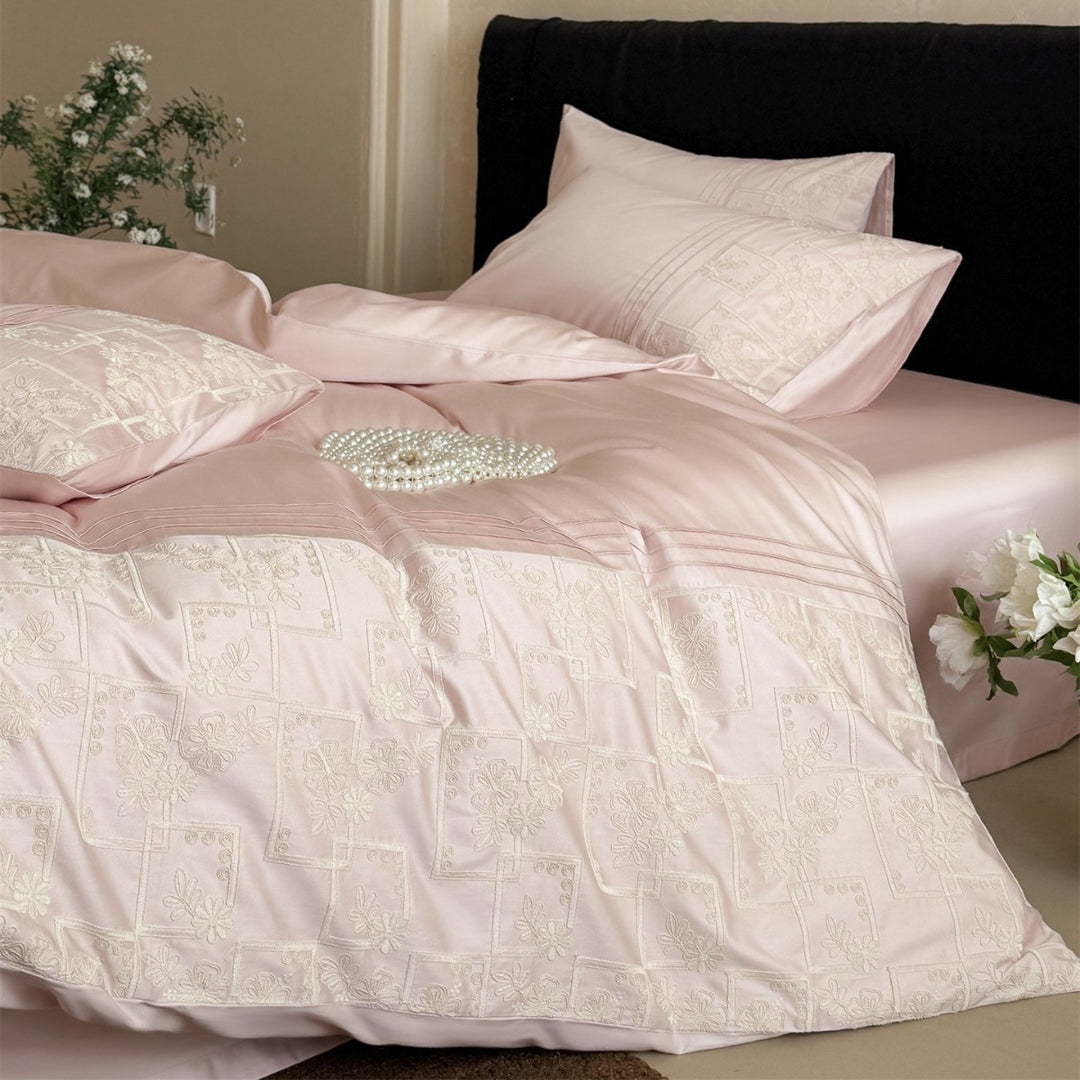 Embroidered Patchwork Motif Duvet Cover Set with Triple Pintuck Pillow Shams