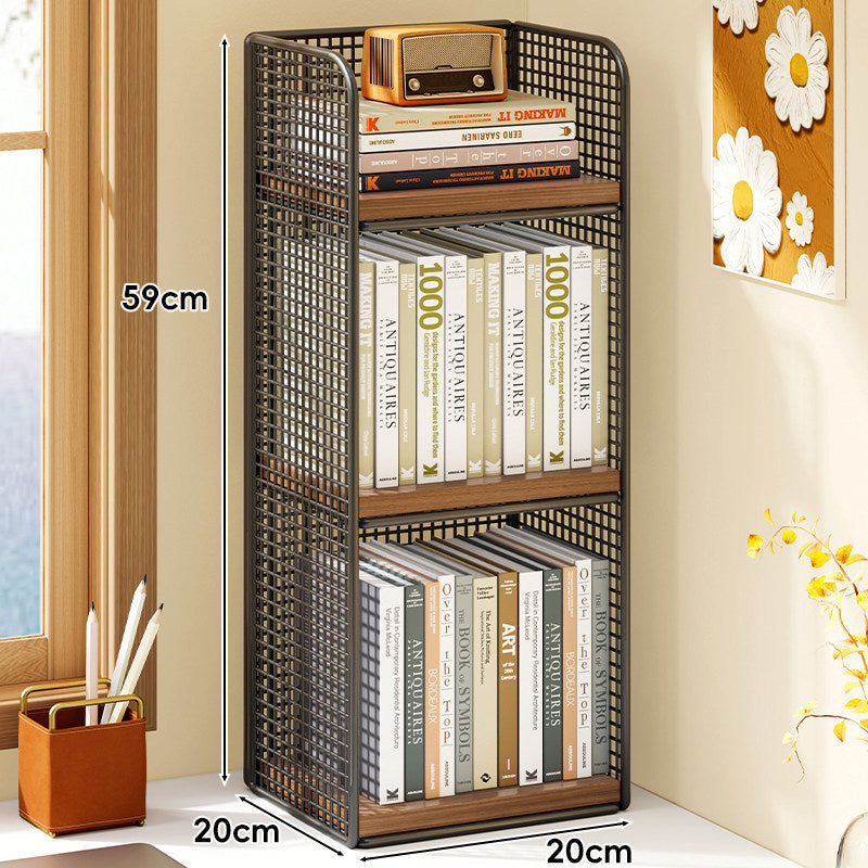 Compact Vertical Two-Tier Metal Grid Desktop Bookshelf Organizer with Solid Wood Shelves