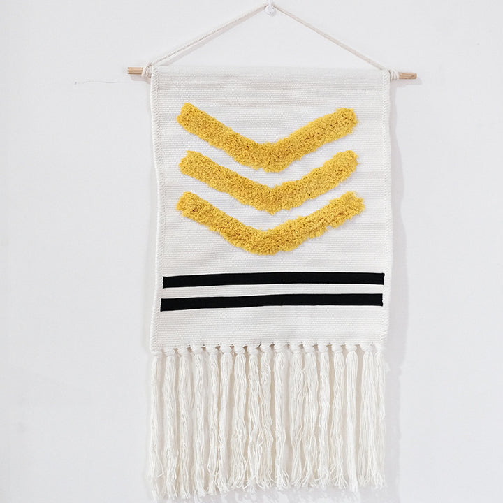 Hand-woven wall hanging and table runner made of cotton blend with geometric staircase pattern and long fringes Stornfield
