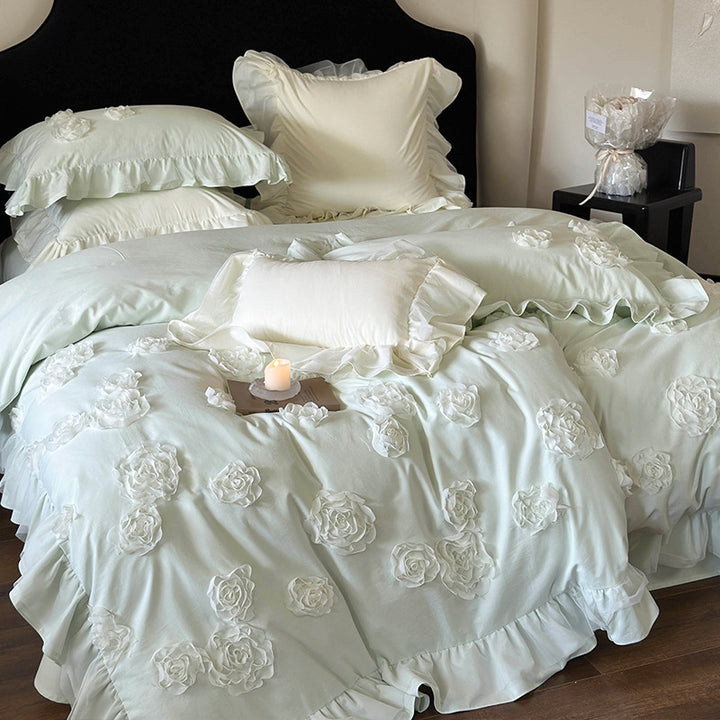 Luxury Appliqué Rose Ruffled Duvet Cover Set with Frilled Pillow Shams