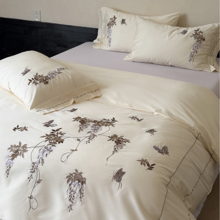 Embroidered Wisteria and Butterfly Cotton Sateen Duvet Cover Set with Piped Edge