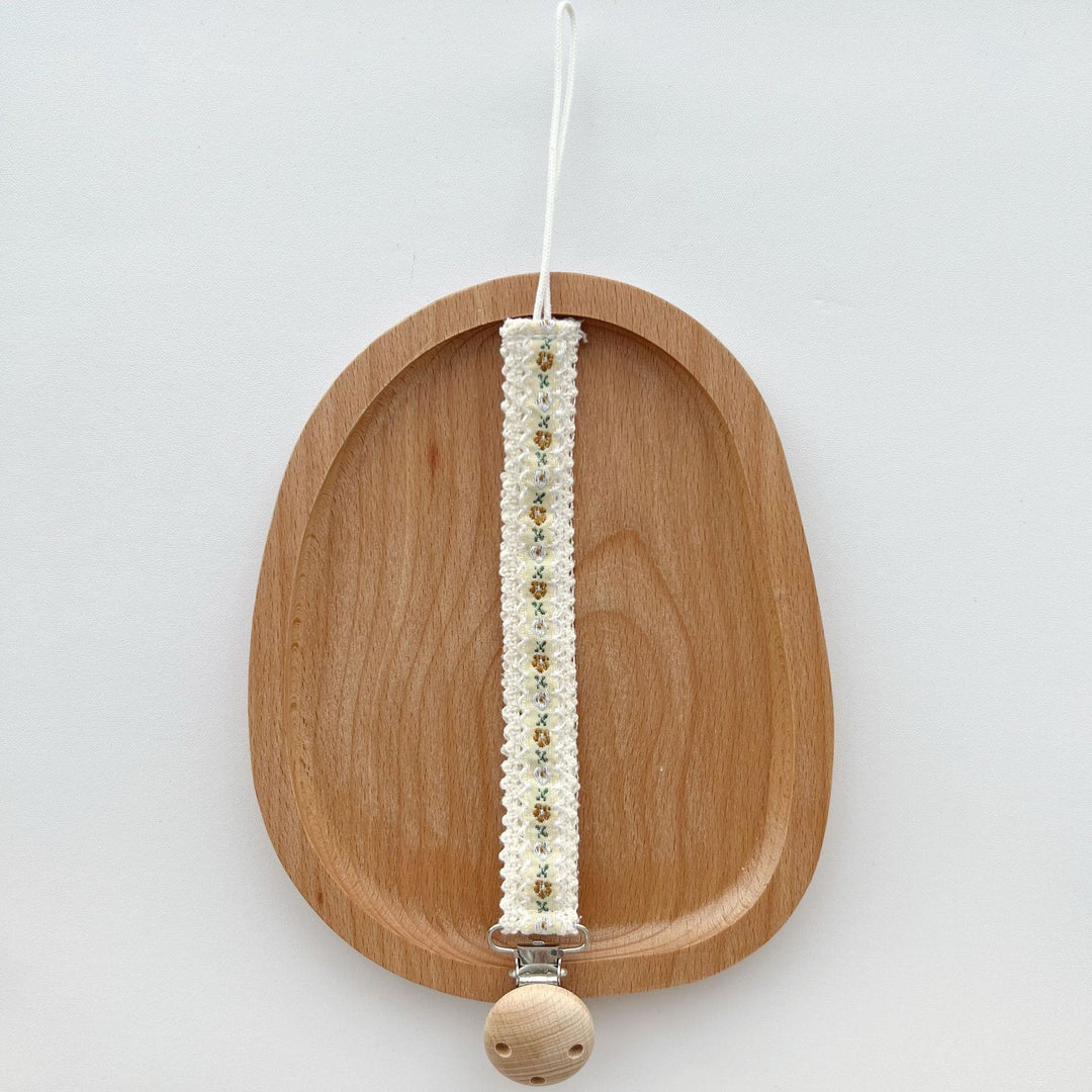 Floral Embroidered Lace Pacifier and Teether Wooden Clip