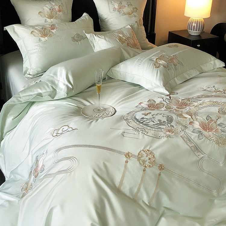 Embroidered Floral & Songbird Luxury Cotton Duvet Cover Set with Decorative Round Cushion
