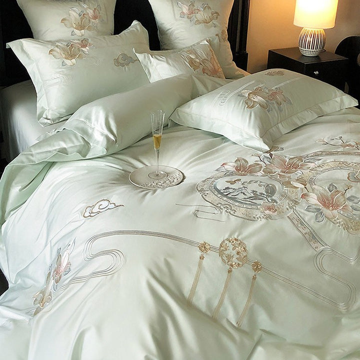 Embroidered Floral & Songbird Luxury Cotton Duvet Cover Set with Decorative Round Cushion