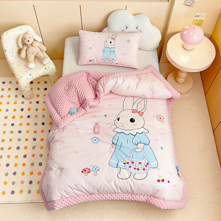 Plush Reversible Toddler Duvet Cover Set with Cute Sleeping Bear Print and Minky Dot Trim