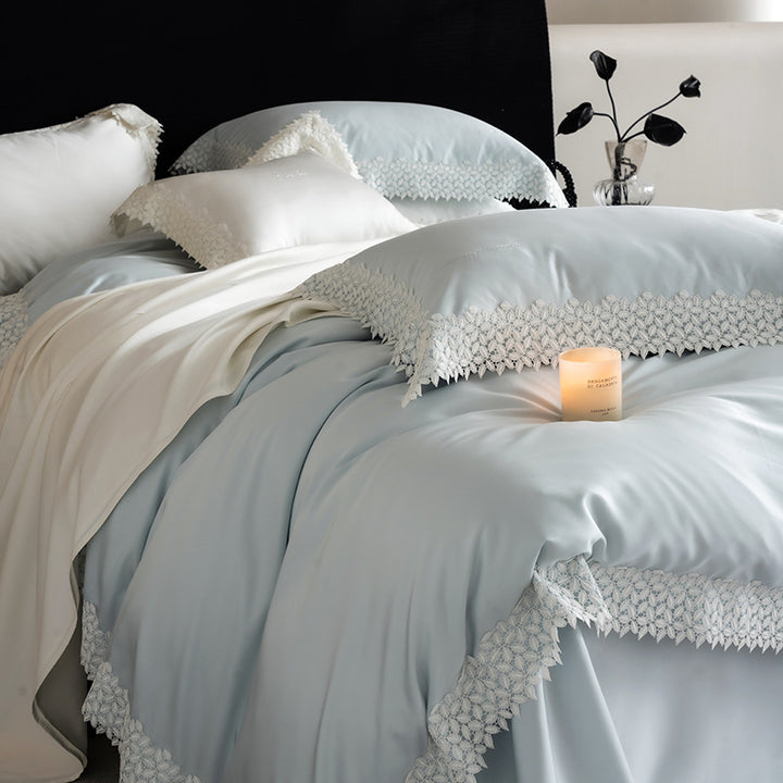 Luxurious satin bedding set with fine lace trim