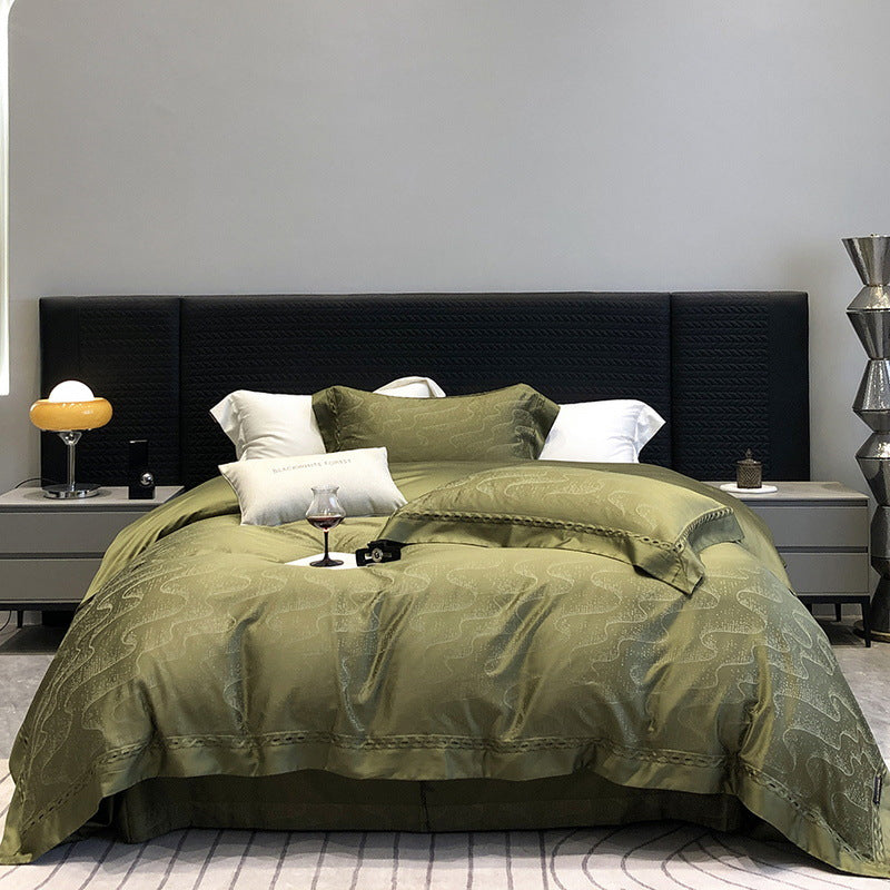 Premium cotton satin bedding set with fine jacquard floral texture and piped border