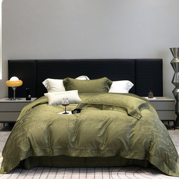 Premium cotton satin bedding set with fine jacquard floral texture and piped border