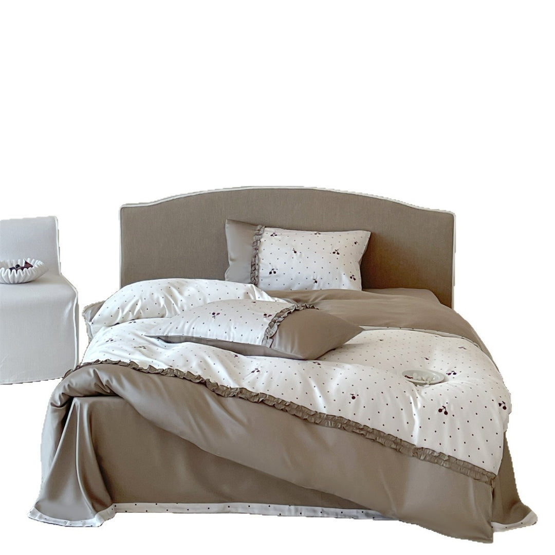 Polka Dot & Cherry Cotton Sateen Duvet Cover Set with Ruffled Hem and Reversible Back