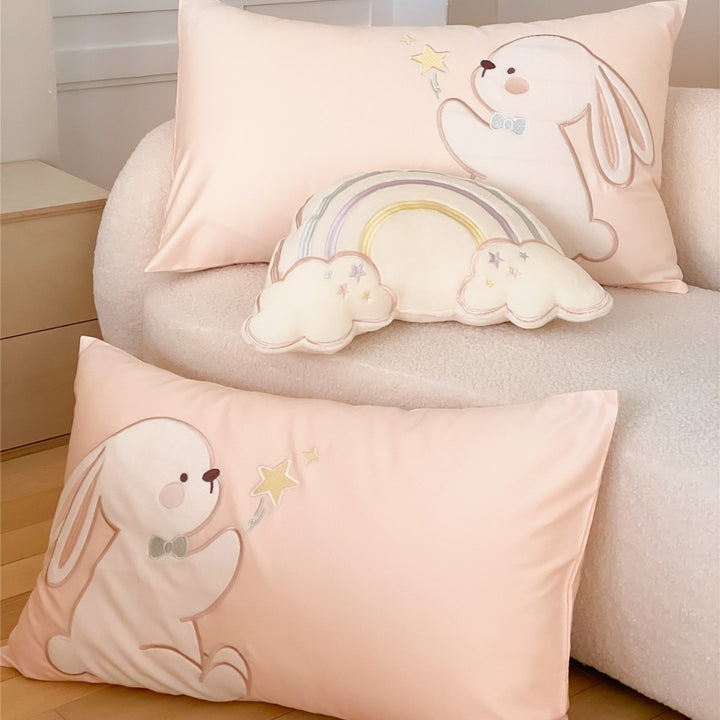 Children's Cotton Duvet Cover Set with Embroidered Bunny and Rainbow Appliqué