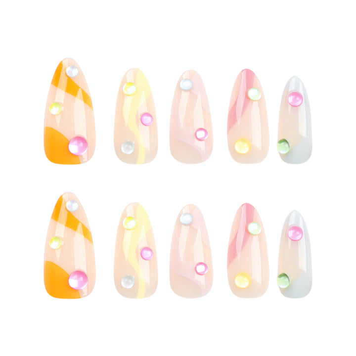Artistic Nail Extensions with Colorful Design and Glitter Accents Stornfield