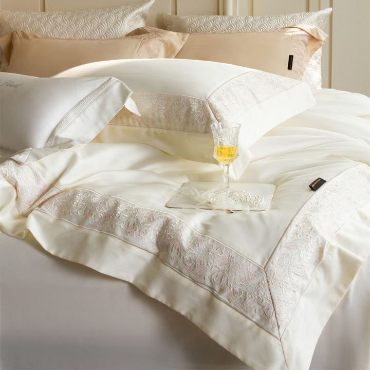 Silky Sateen Duvet Cover Set with Floral Lace Inset and Deep-Pocket Pillow Shams