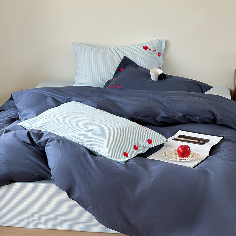 Cotton Sateen Reversible Duvet Cover Set with Embroidered Button Accents and Deep-Pocket Fitted Sheet