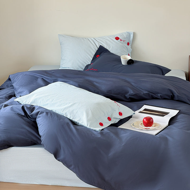 Cotton Sateen Reversible Duvet Cover Set with Embroidered Button Accents and Deep-Pocket Fitted Sheet