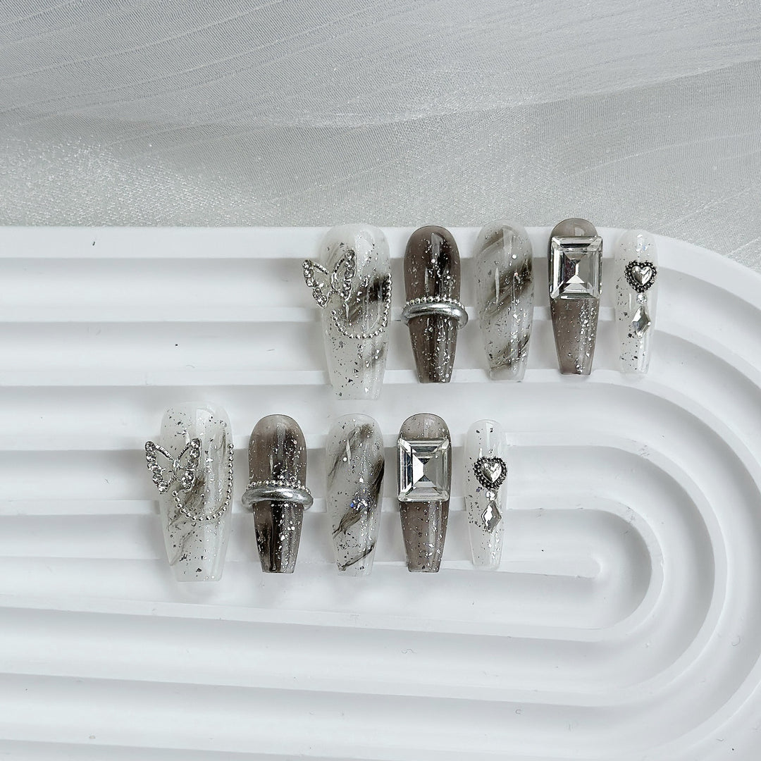 Stylish Press-On Nail Set with Geometric Rhinestone Accents