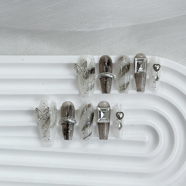 Stylish Press-On Nail Set with Geometric Rhinestone Accents