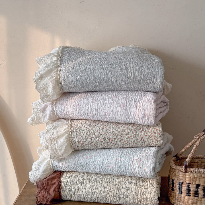Quilted Ruffled Eyelet Lace Bedspread with Matching Frilled Pillow Shams