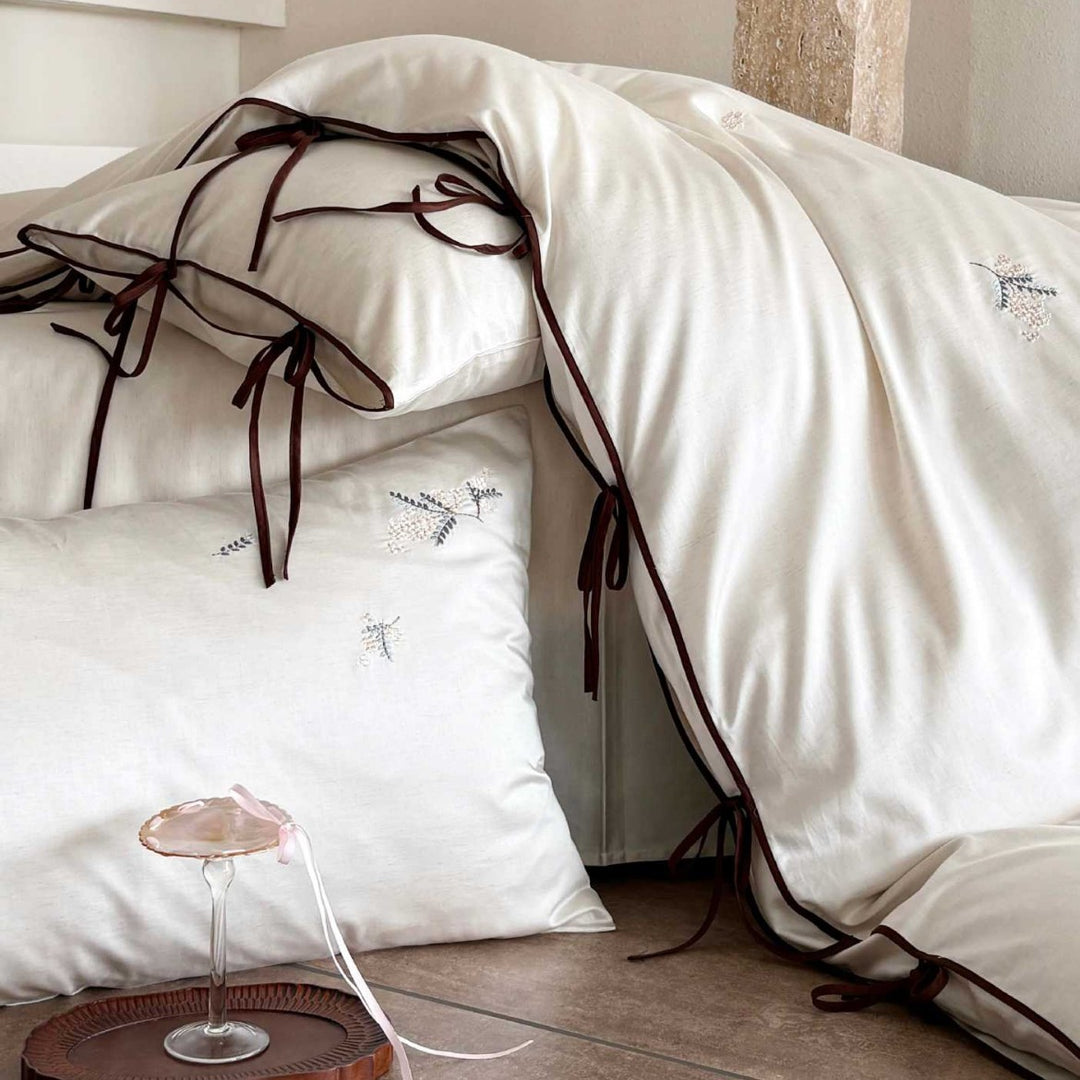 Washed Cotton Embroidered Duvet Cover Set with Tie-Closure Pillow Shams and Contrast Piped Edge