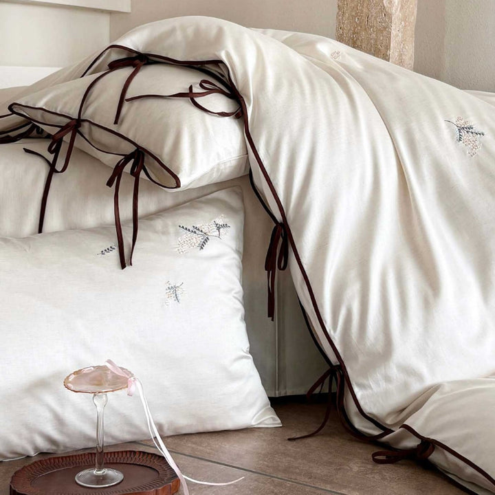 Washed Cotton Embroidered Duvet Cover Set with Tie-Closure Pillow Shams and Contrast Piped Edge