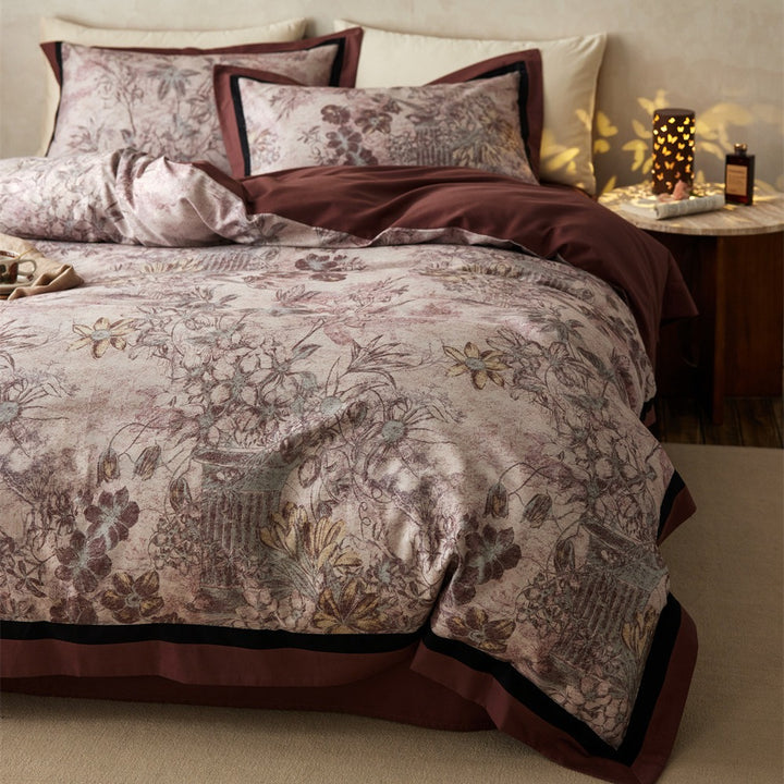 Botanical Vintage-Print Cotton Sateen Duvet Cover Set with Contrast Hem and Reversible Lining