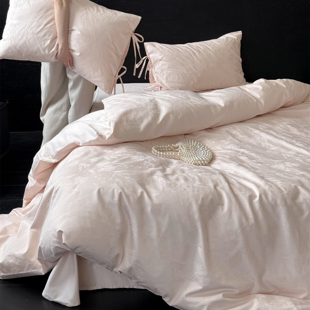 Jacquard Floral Satin-Feel Duvet Cover Set with Corner Ties & Bow-Tie Pillowcases