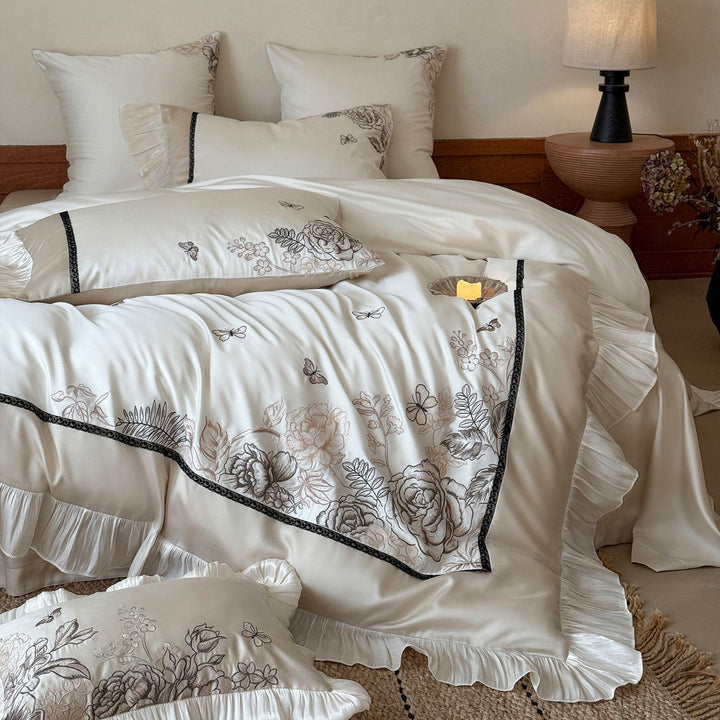 Silky Satin Floral Embroidered Ruffle Duvet Cover Ensemble with Pleated Bedskirt