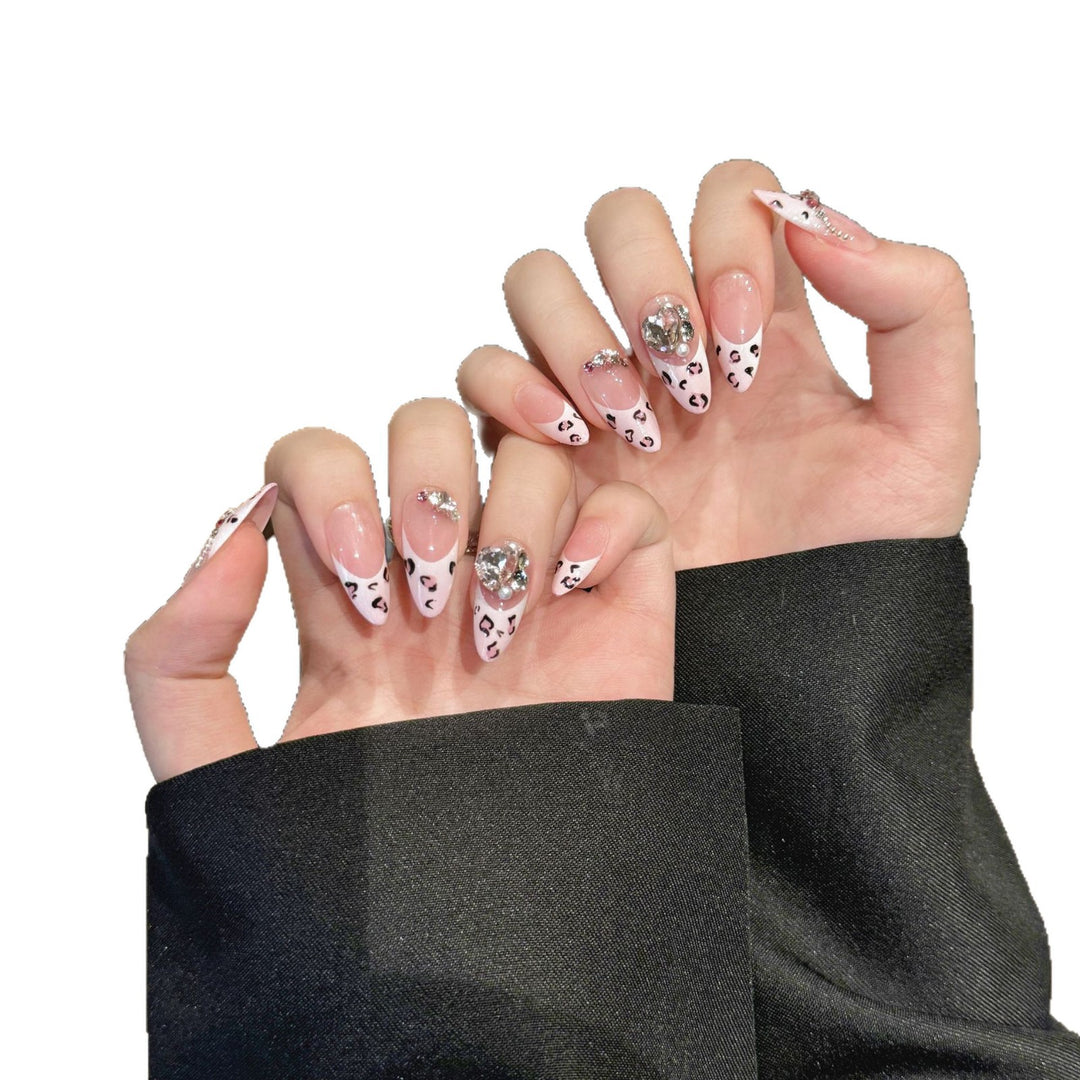 Elegant Pointed Press-On Nail Art Set with Gemstone and Animal Print Accents
