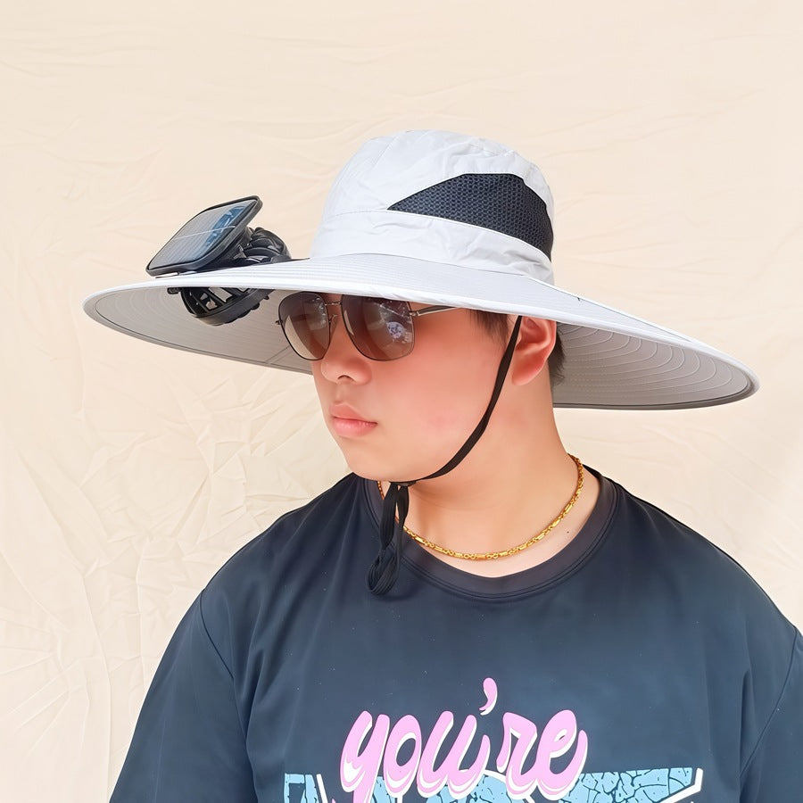 Wide-brimmed sun hat with detachable swivel solar fans and adjustable chin strap Stornfield
