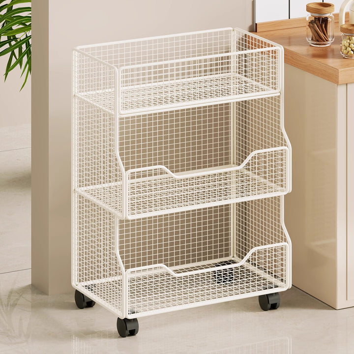 Two Tier Wire Mesh Kitchen Produce Storage Rack with Slide Out Lower Basket