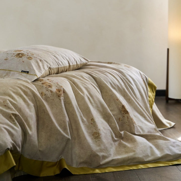 Washed Linen‑Feel Vintage Botanical Duvet Cover Set with Subtle Distressed Print